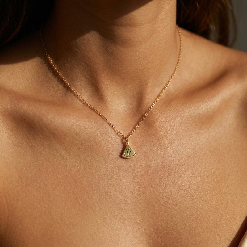 Small gold watermelon slice pendant with seed detail on a fine chain (4 of 9)