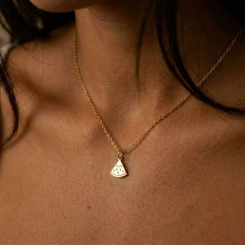 Small gold watermelon slice pendant with seed detail on a fine chain (5 of 9)