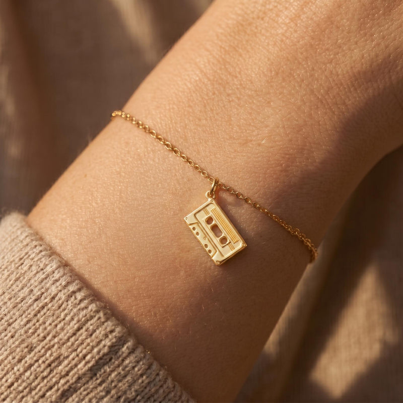 Fine gold bracelet with a flat cassette tape charm (3 of 6)