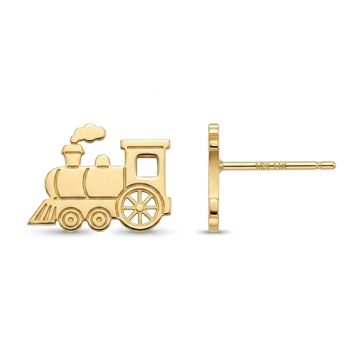 Pair of small steam train engine stud earrings in gold, shown from the side