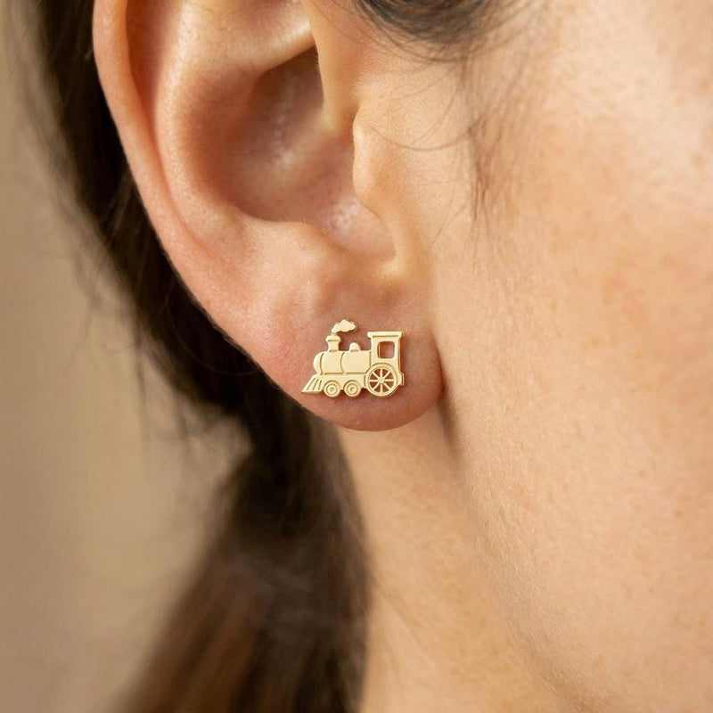 Pair of small steam train engine stud earrings in gold, shown from the side (3 of 8)