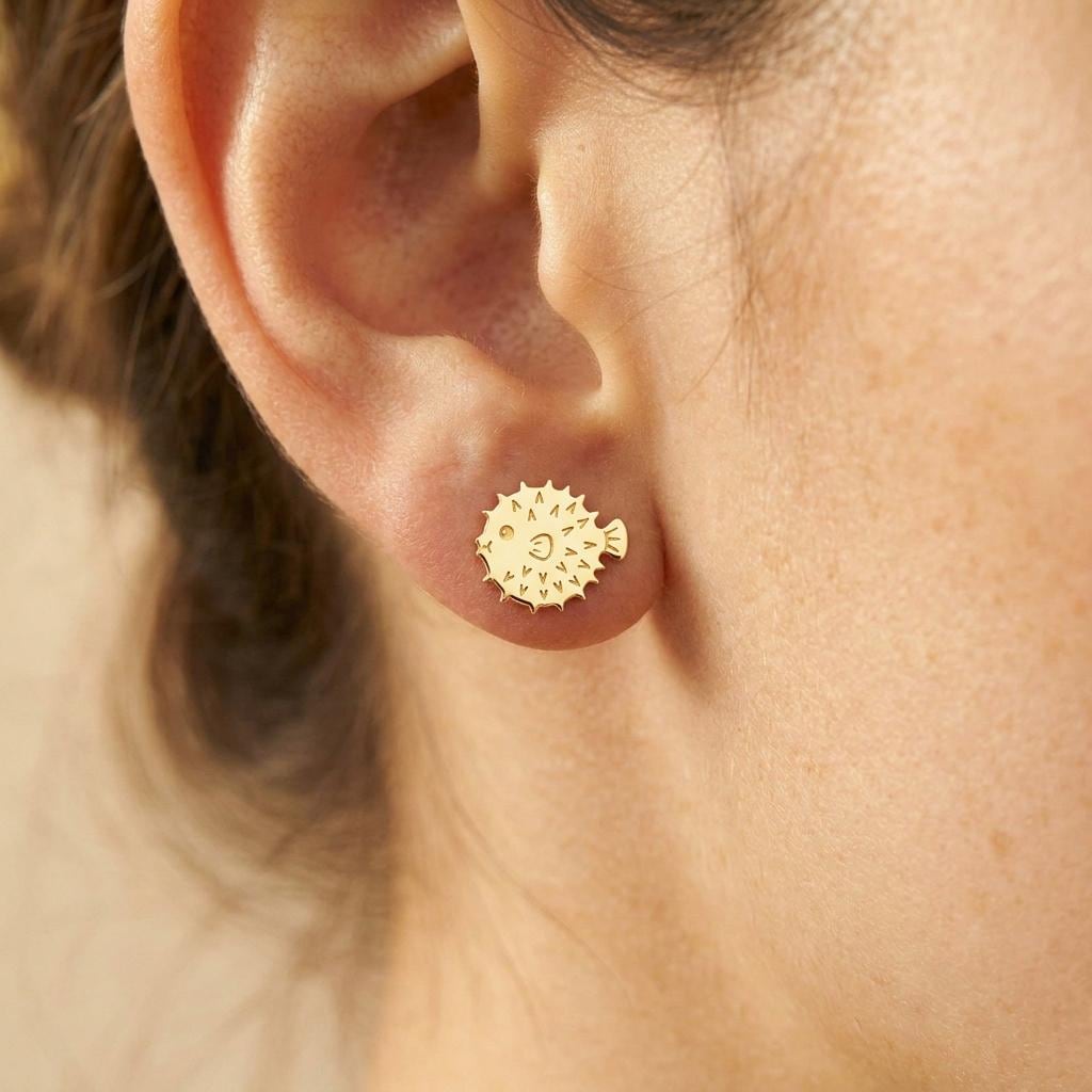 Pair of round gold puffer fish earrings shown inflated with short spines and small fins (2 of 8)