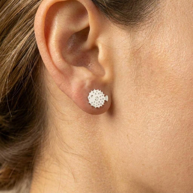 Pair of round gold puffer fish earrings shown inflated with short spines and small fins (3 of 8)