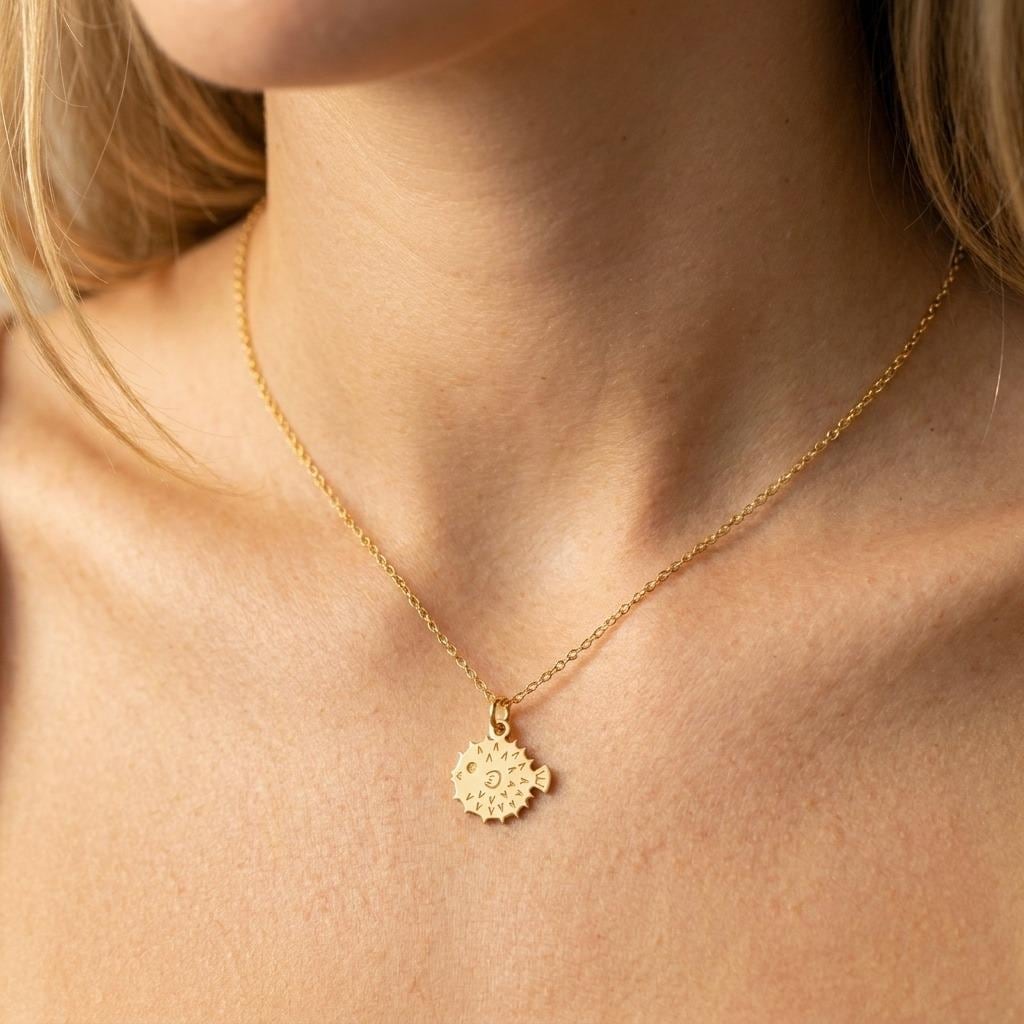 Small round gold puffer fish pendant with spines, on a fine cable chain (2 of 6)