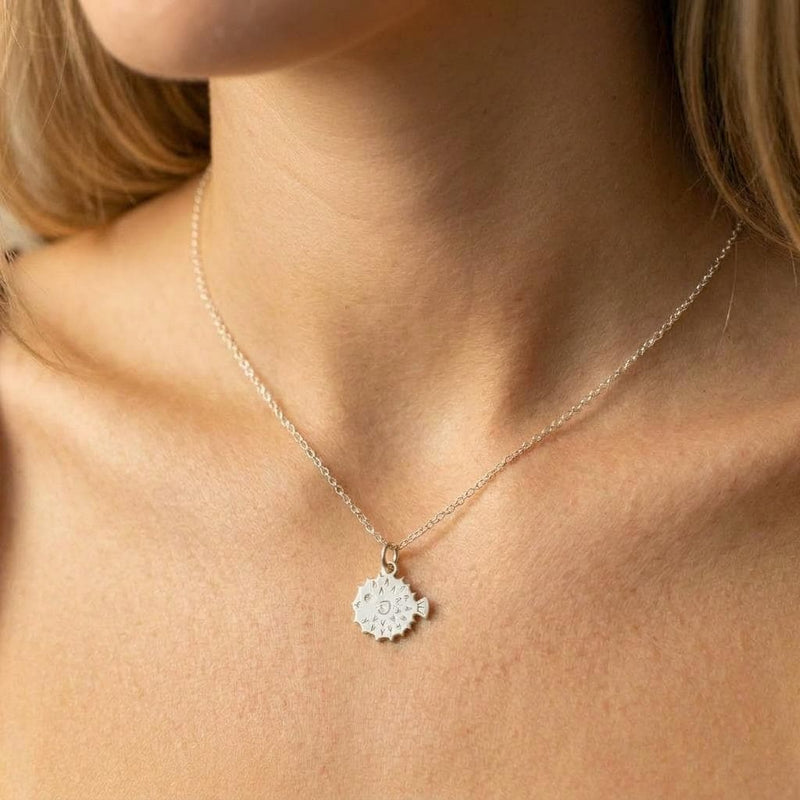 Small round gold puffer fish pendant with spines, on a fine cable chain (3 of 6)