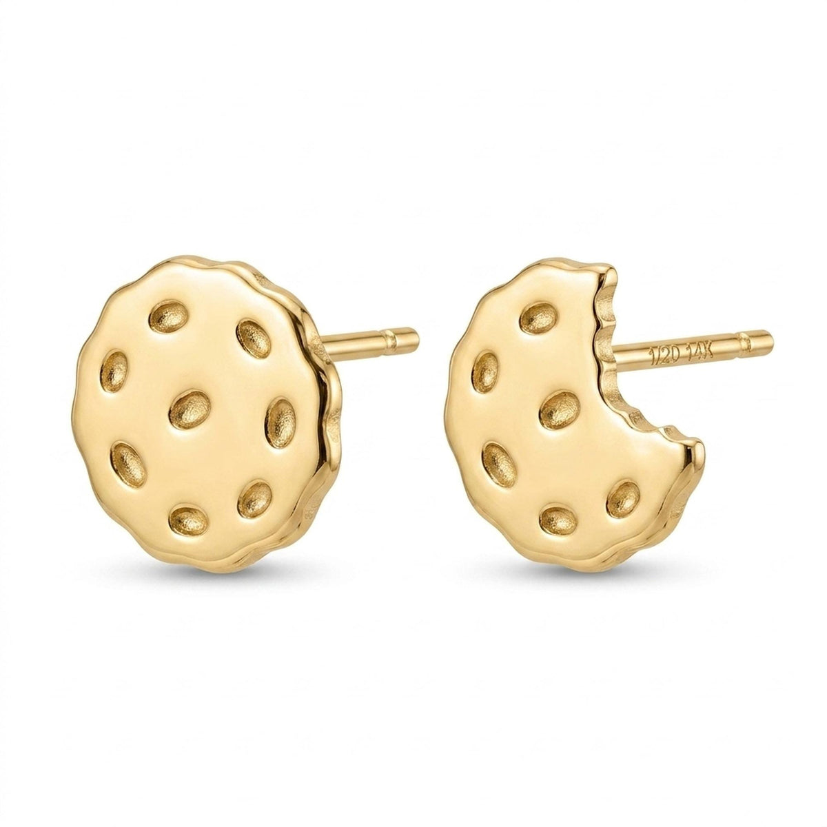 Pair of gold chocolate chip cookie stud earrings with textured edges and chips