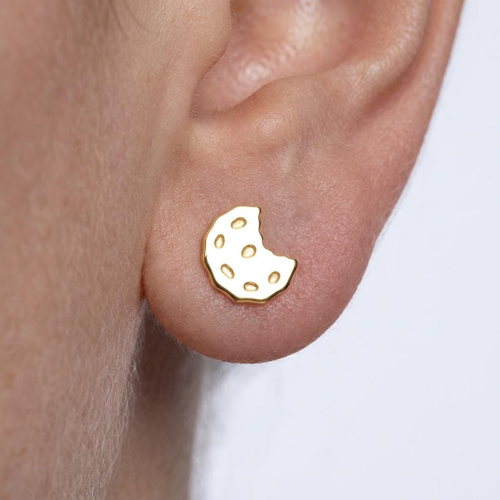 Pair of gold chocolate chip cookie stud earrings with textured edges and chips (2 of 9)
