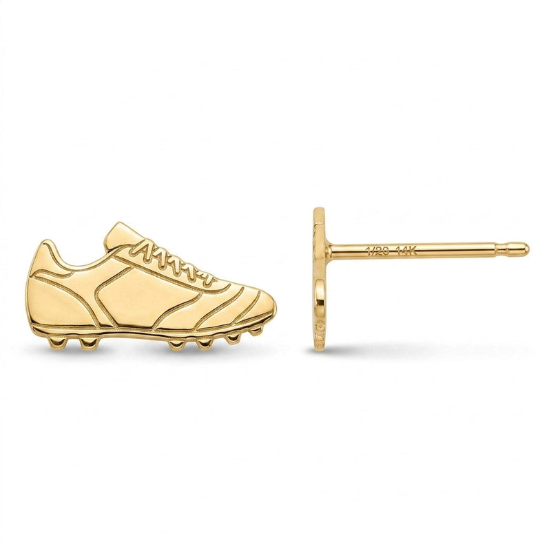 Pair of gold soccer cleat stud earrings shown in profile with lace detail