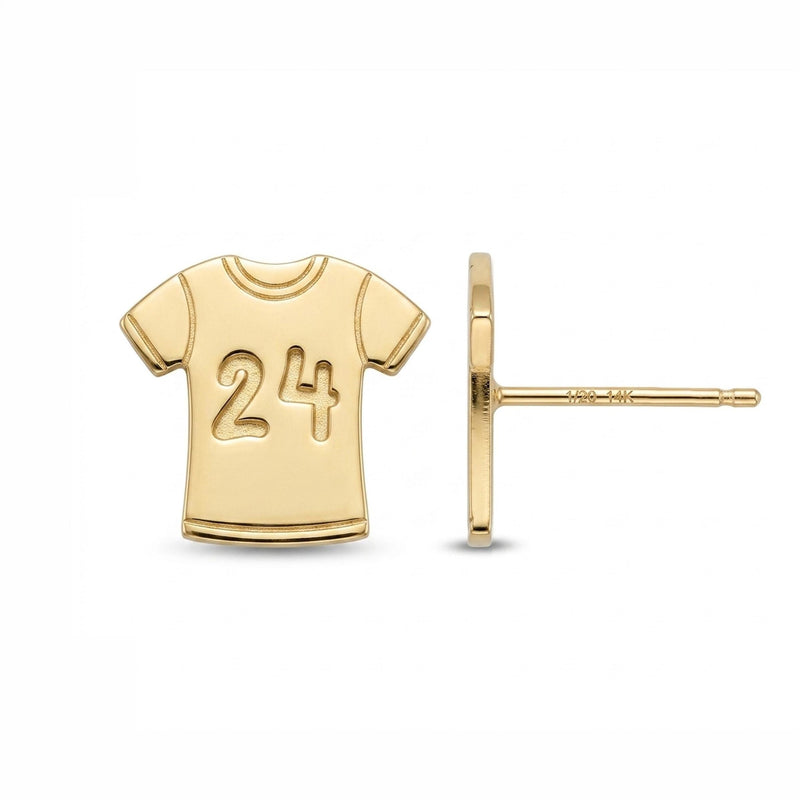Pair of gold soccer jersey stud earrings with short sleeves and a number panel