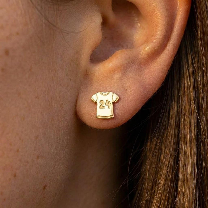 Pair of gold soccer jersey stud earrings with short sleeves and a number panel (2 of 9)