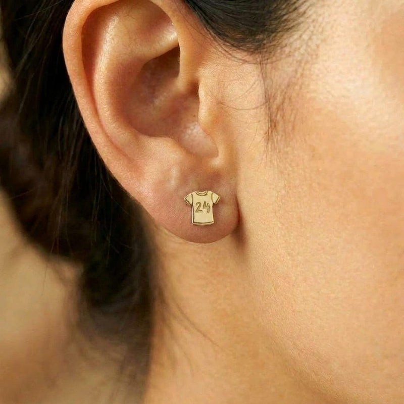 Pair of gold soccer jersey stud earrings with short sleeves and a number panel (6 of 9)