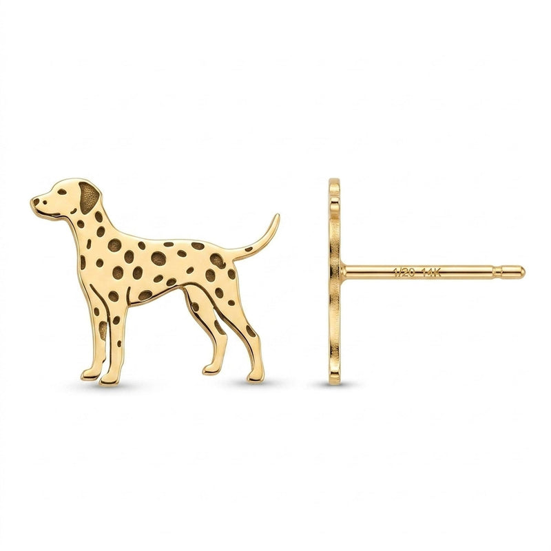 Pair of gold dalmatian dog stud earrings with punched spots