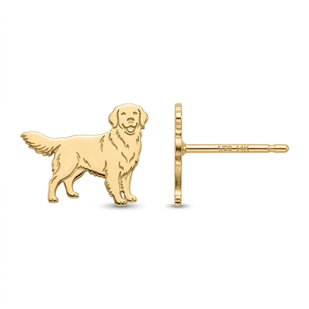Small gold golden retriever dog stud earrings shown from the side