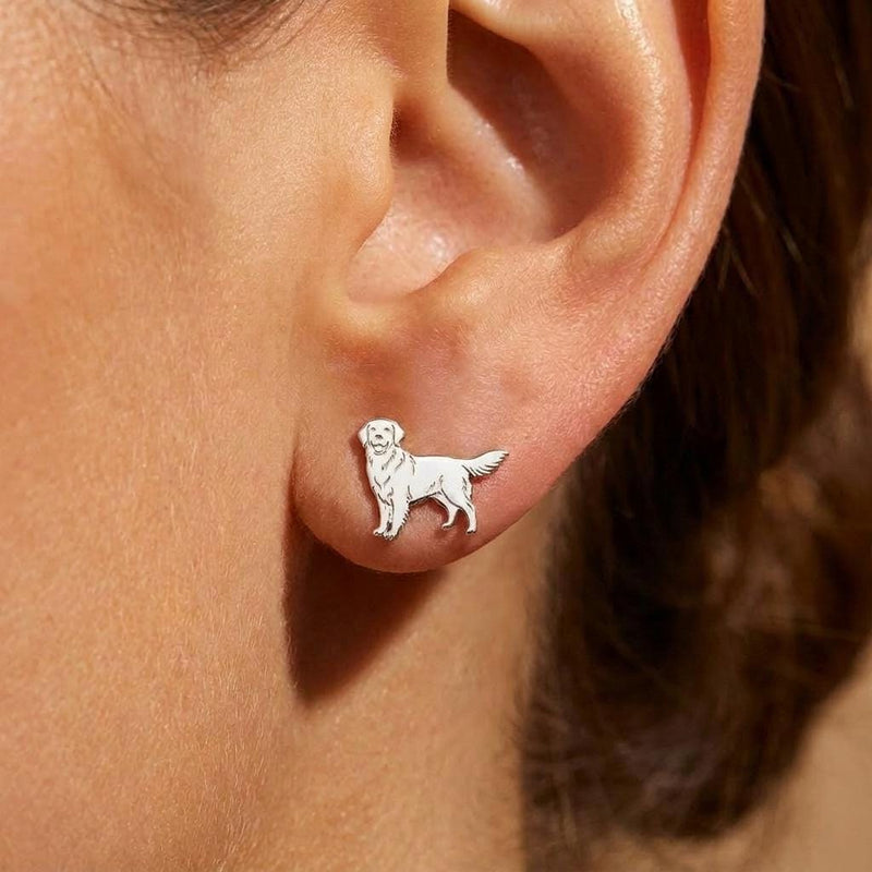 Small gold golden retriever dog stud earrings shown from the side (3 of 7)