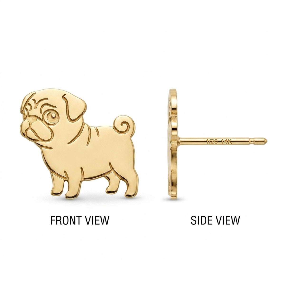 Pair of small gold pug face stud earrings with folded ears