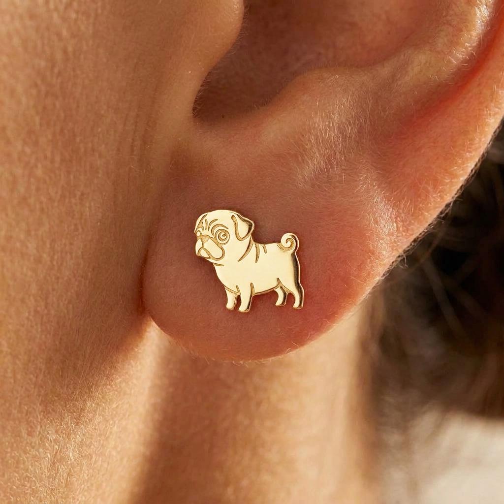 Pair of small gold pug face stud earrings with folded ears (2 of 6)