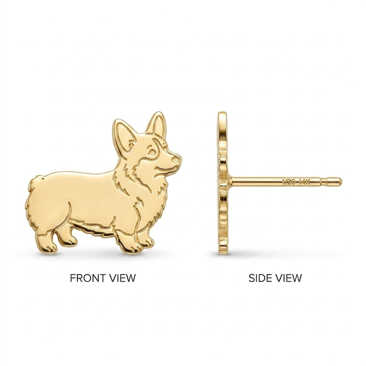 Pair of small corgi dog face stud earrings in gold with large upright ears
