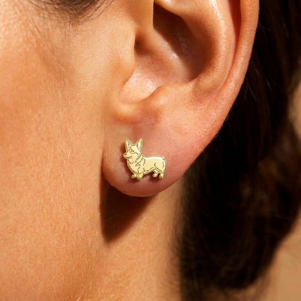 Pair of small corgi dog face stud earrings in gold with large upright ears (2 of 7)