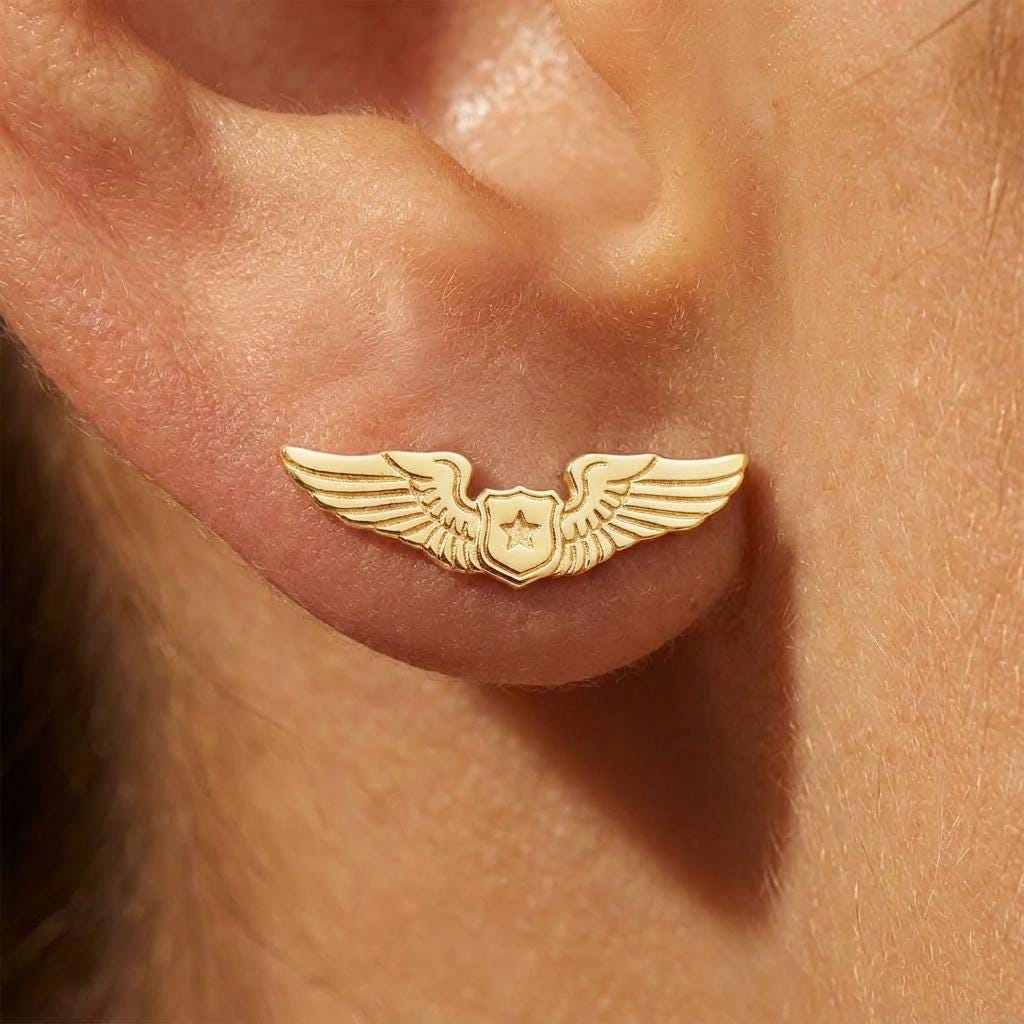 Pair of gold pilot wing stud earrings with a center shield (2 of 10)