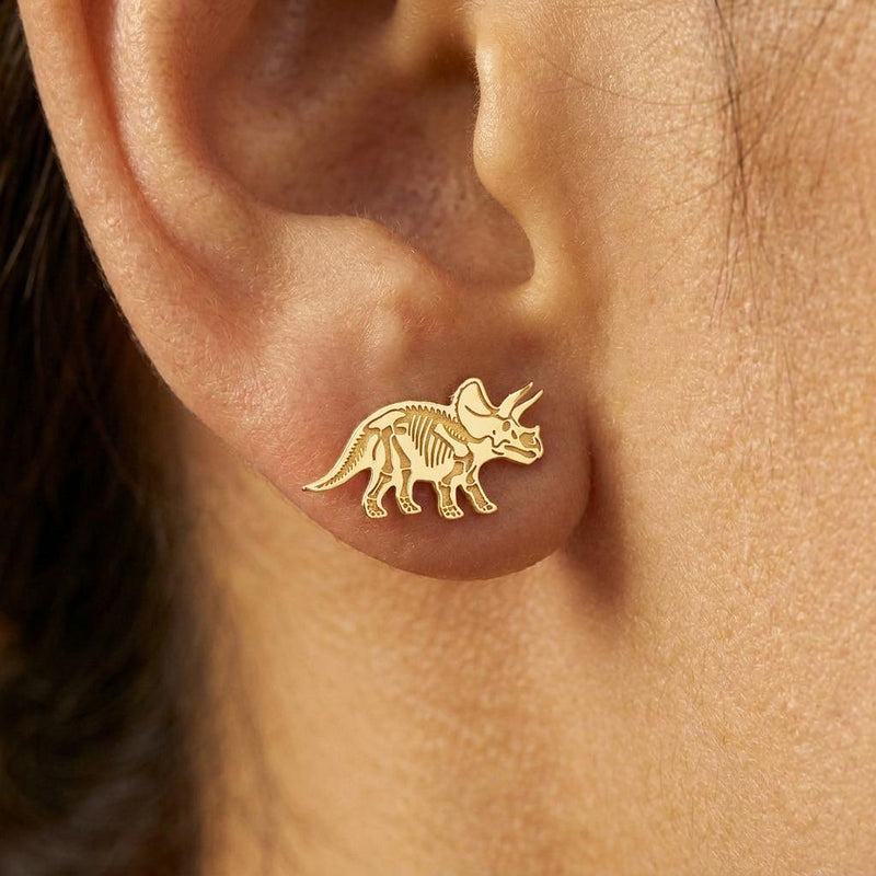 Pair of gold triceratops skeleton stud earrings with horns and frill (2 of 6)