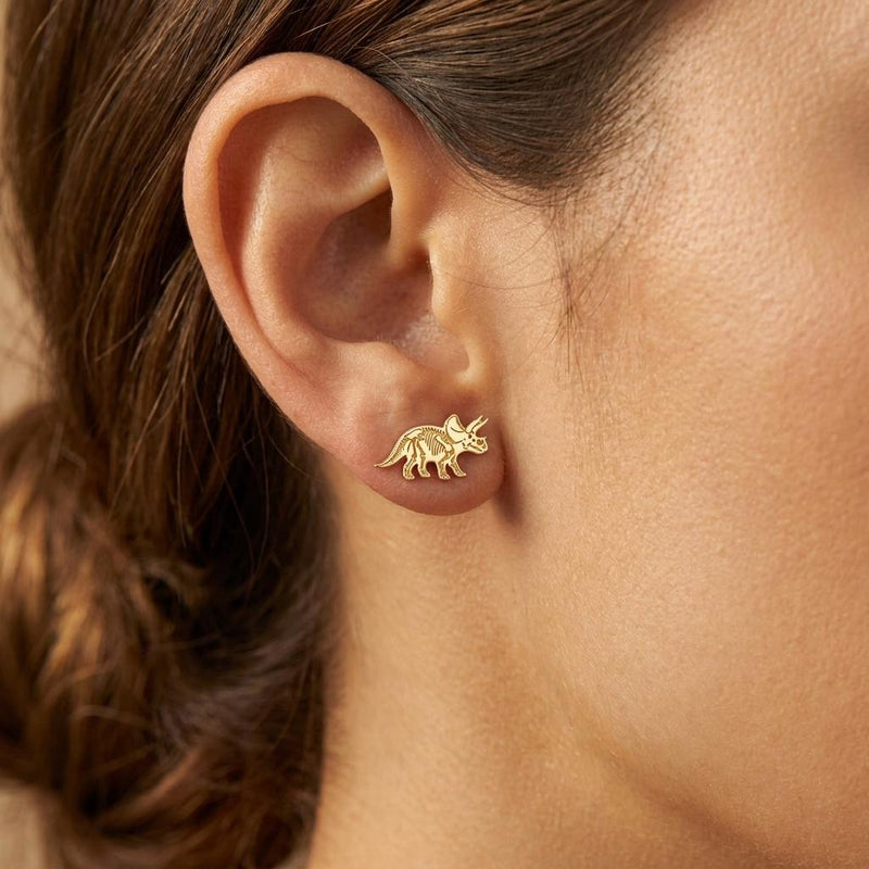 Pair of gold triceratops skeleton stud earrings with horns and frill (3 of 6)