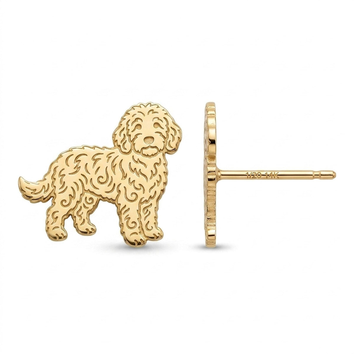 Small gold goldendoodle stud earrings, curly coated dog profile, shown as a pair