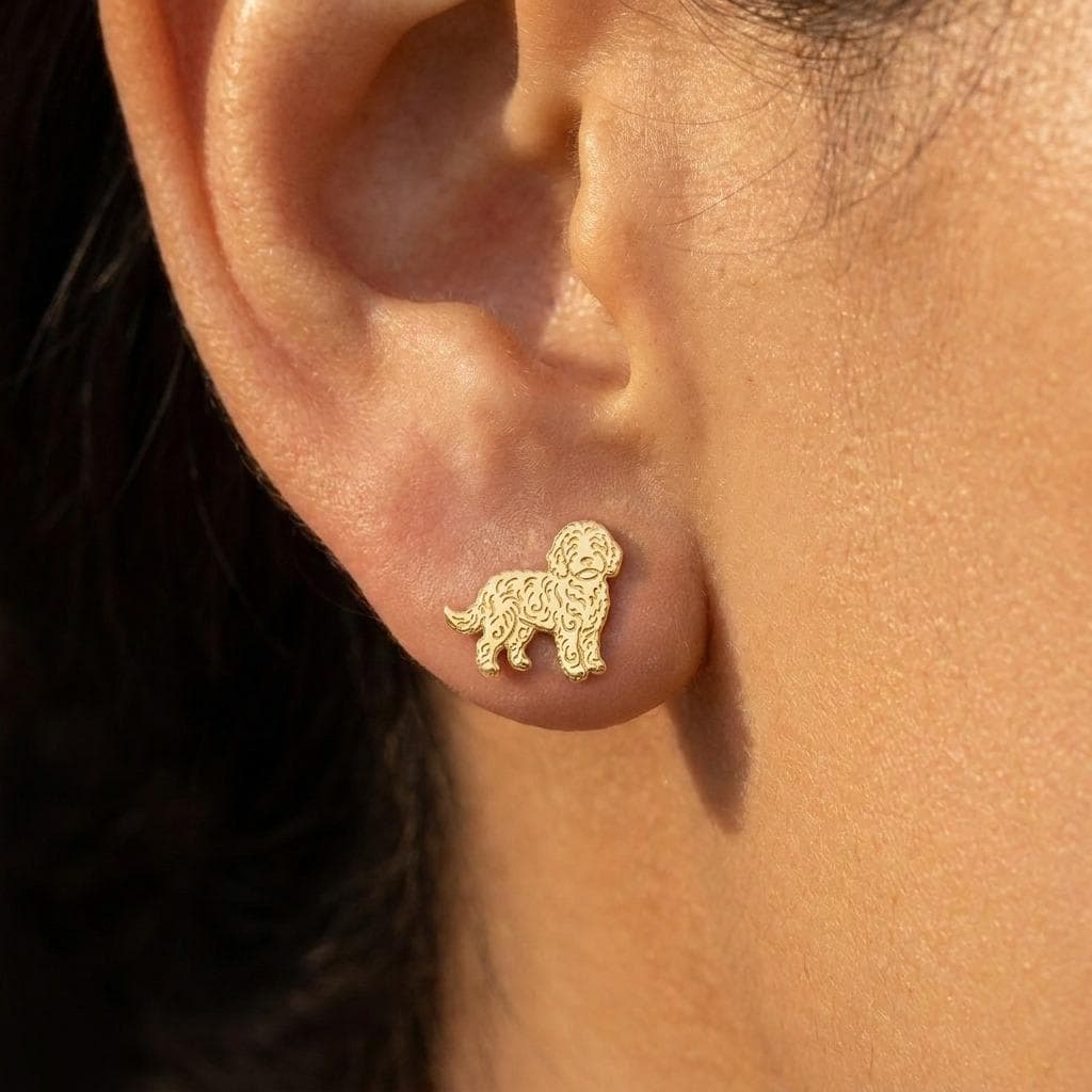Small gold goldendoodle stud earrings, curly coated dog profile, shown as a pair (2 of 7)