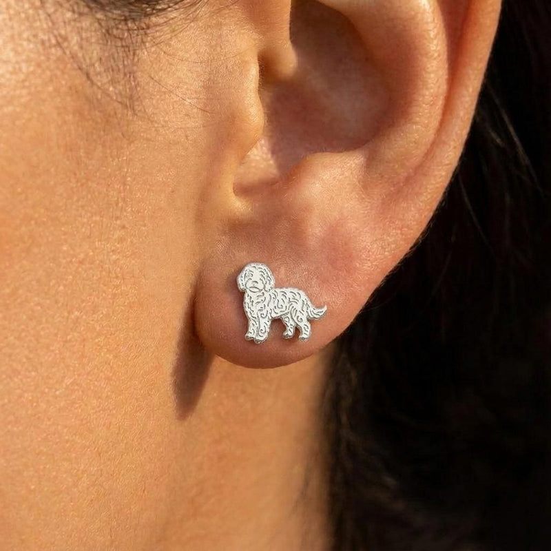 Small gold goldendoodle stud earrings, curly coated dog profile, shown as a pair (3 of 7)