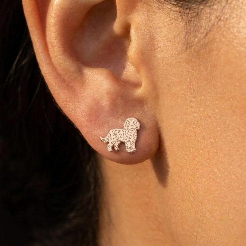 Small gold goldendoodle stud earrings, curly coated dog profile, shown as a pair (4 of 7)