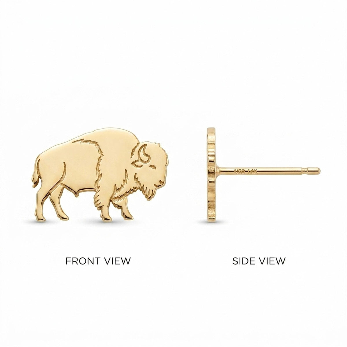 Small gold bison stud earrings shown in side profile with low head