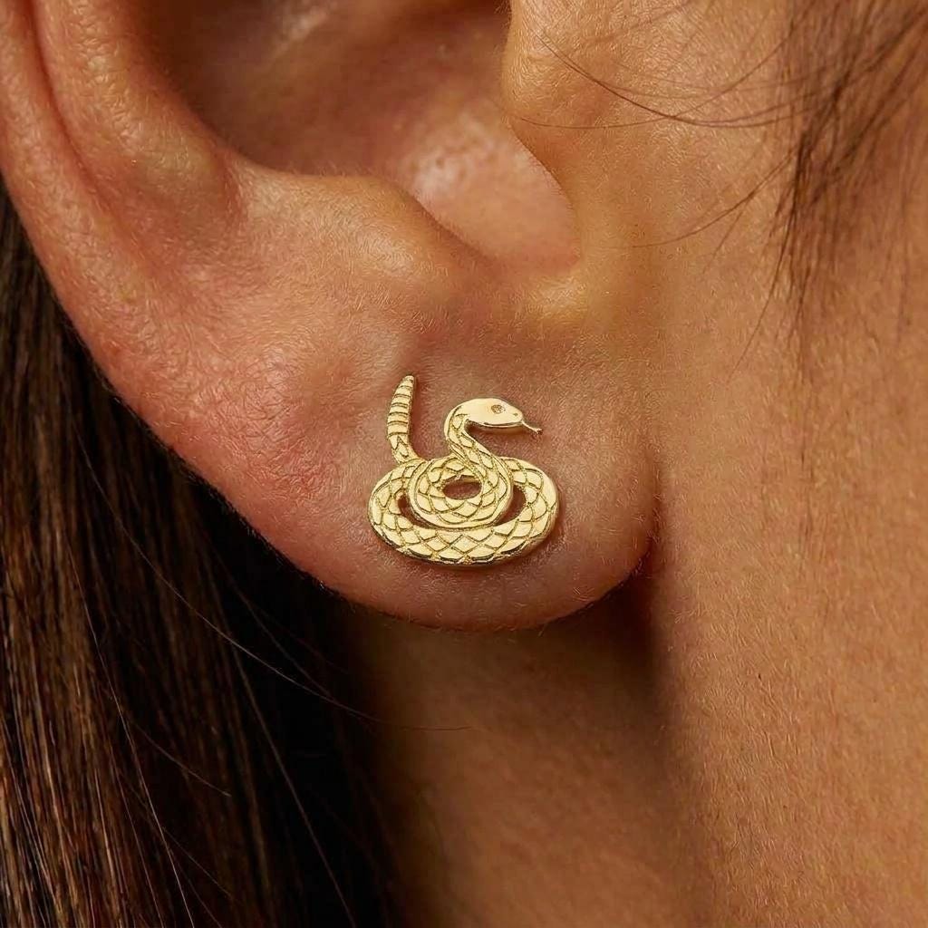 Pair of gold rattlesnake stud earrings with a coiled body, raised head and rattle (2 of 8)