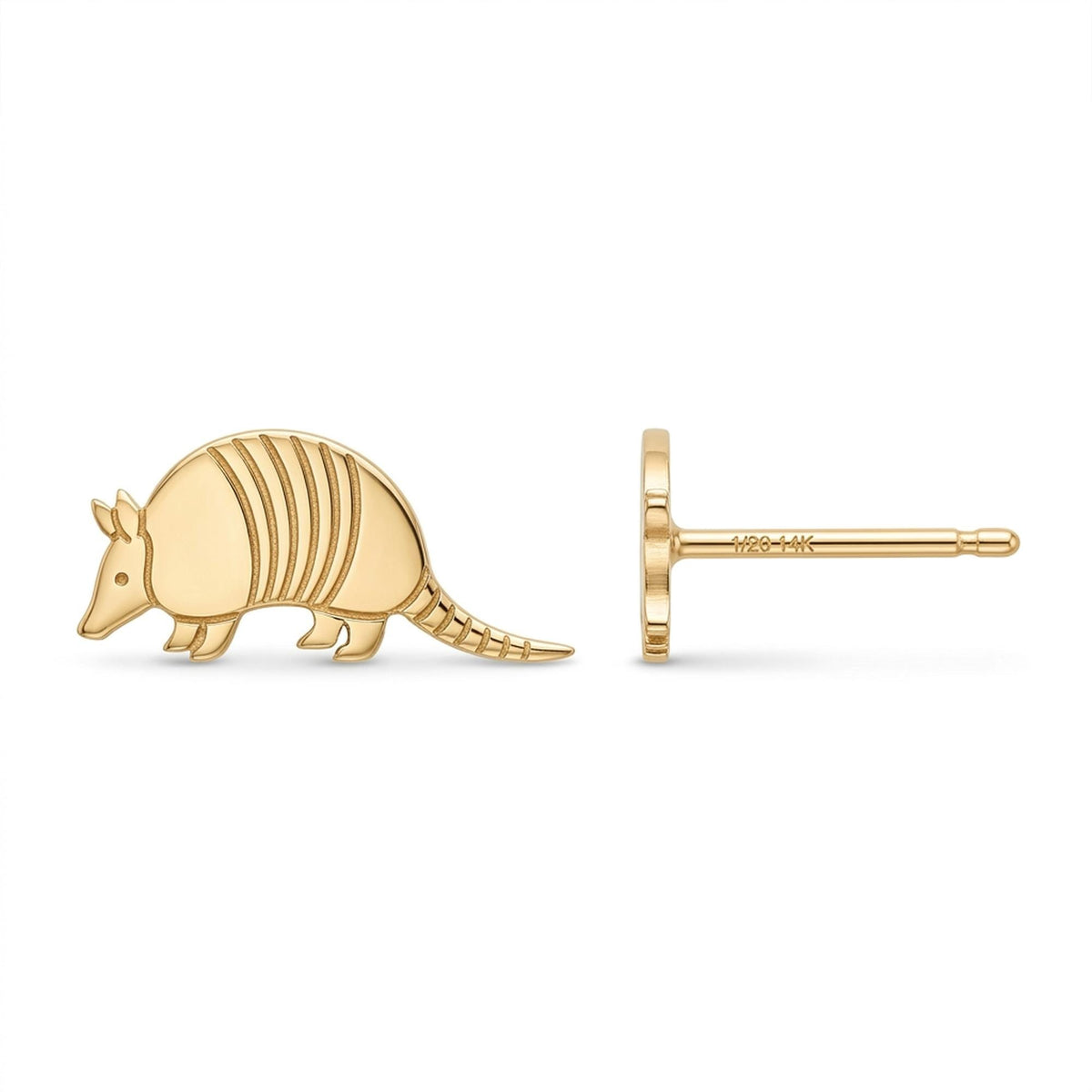 Pair of gold armadillo stud earrings in profile with banded shell detail