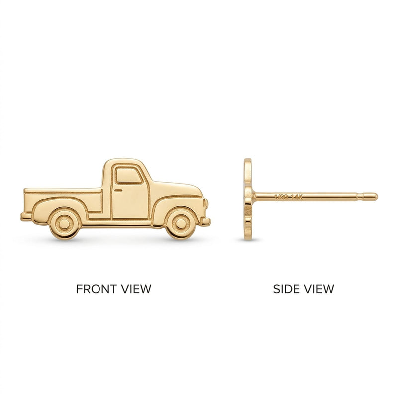 Pair of small gold vintage pickup truck stud earrings, shown on white