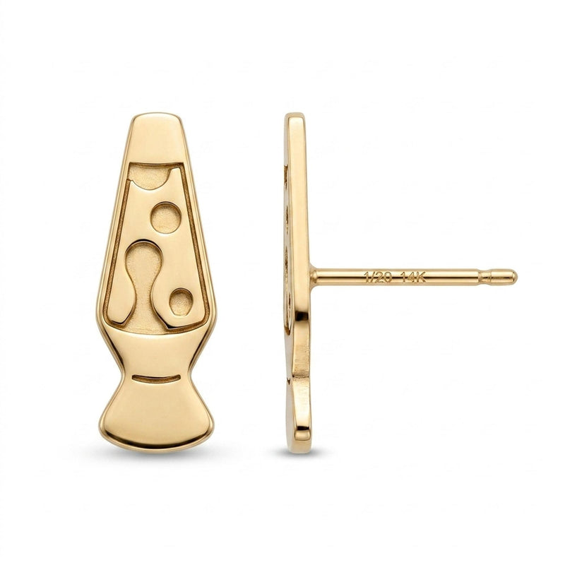 Pair of gold lava lamp stud earrings with blobs inside the glass
