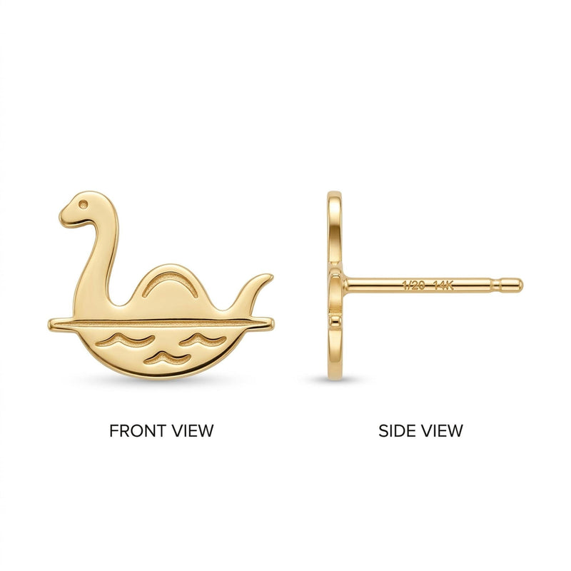 Pair of Loch Ness monster stud earrings in gold with a long neck and three humps