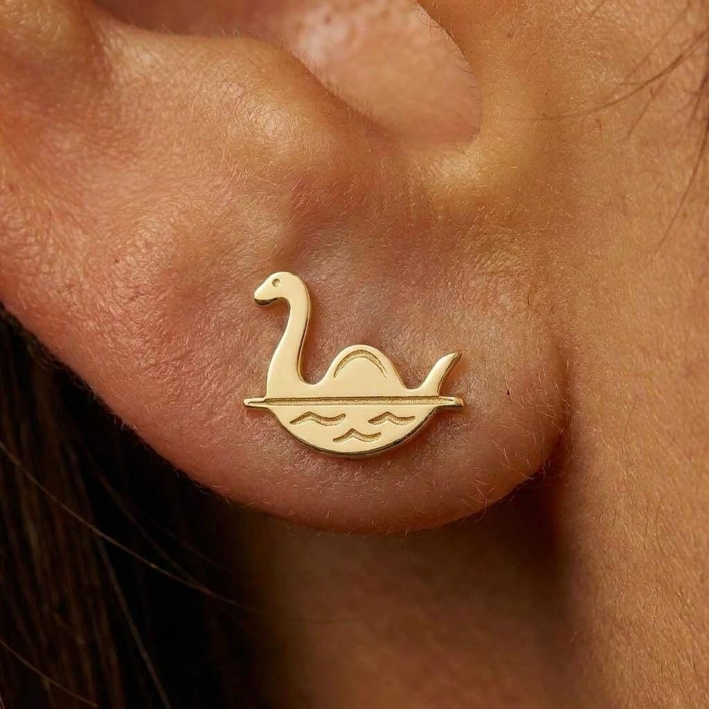Pair of Loch Ness monster stud earrings in gold with a long neck and three humps (2 of 8)