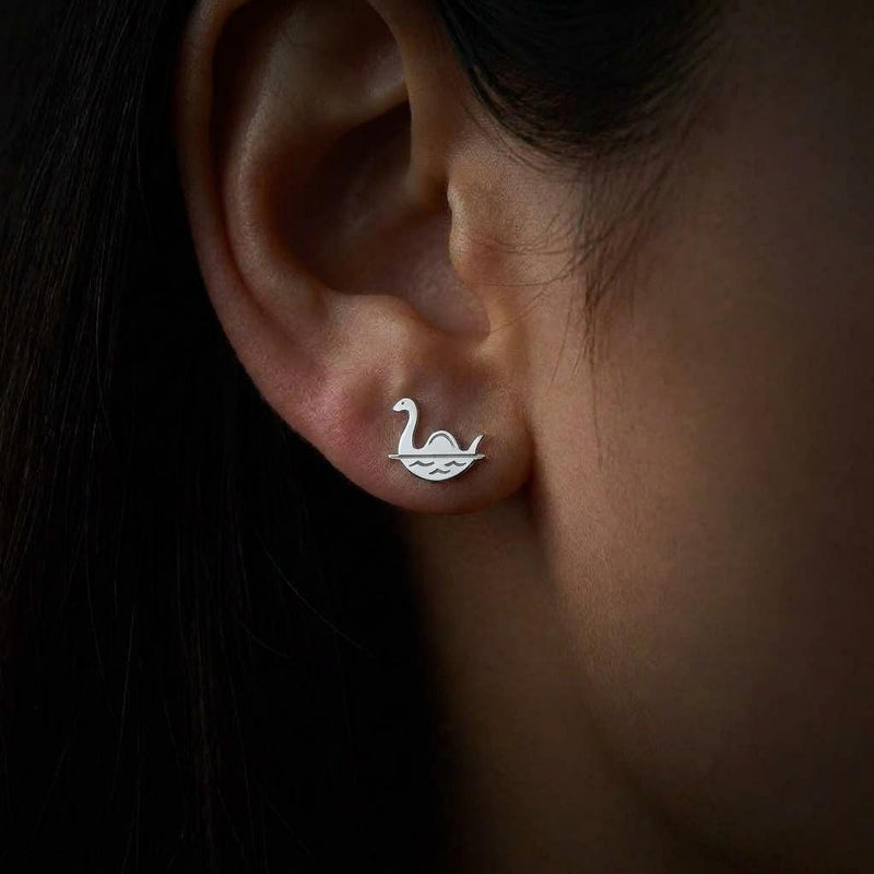 Pair of Loch Ness monster stud earrings in gold with a long neck and three humps (3 of 8)