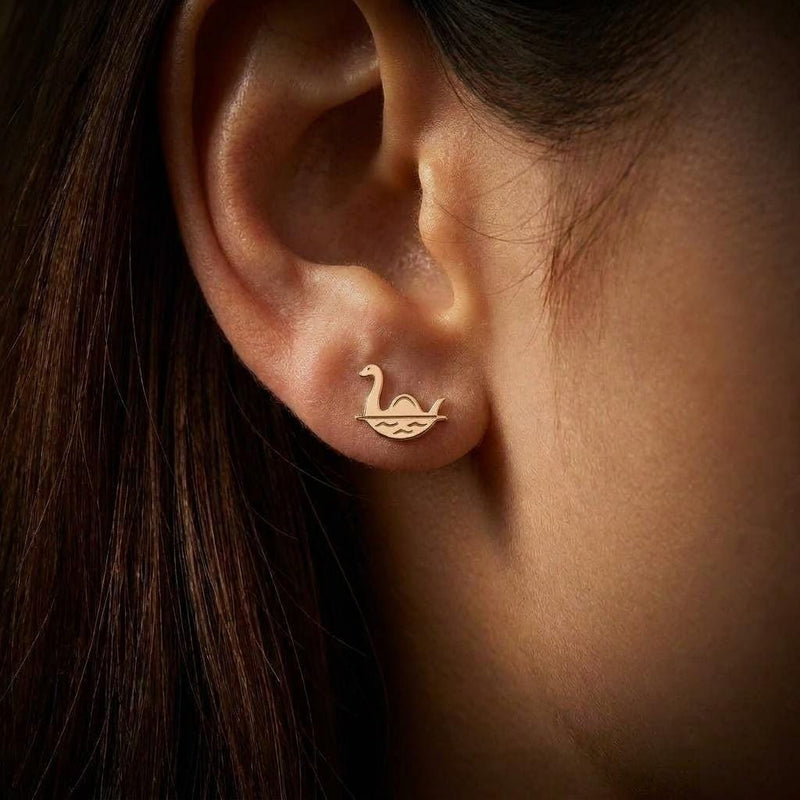 Pair of Loch Ness monster stud earrings in gold with a long neck and three humps (4 of 8)