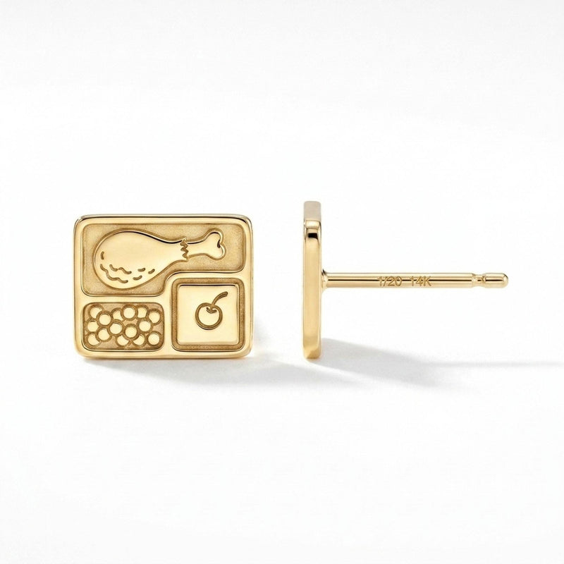 Pair of gold stud earrings shaped like a divided dinner tray with cut compartments