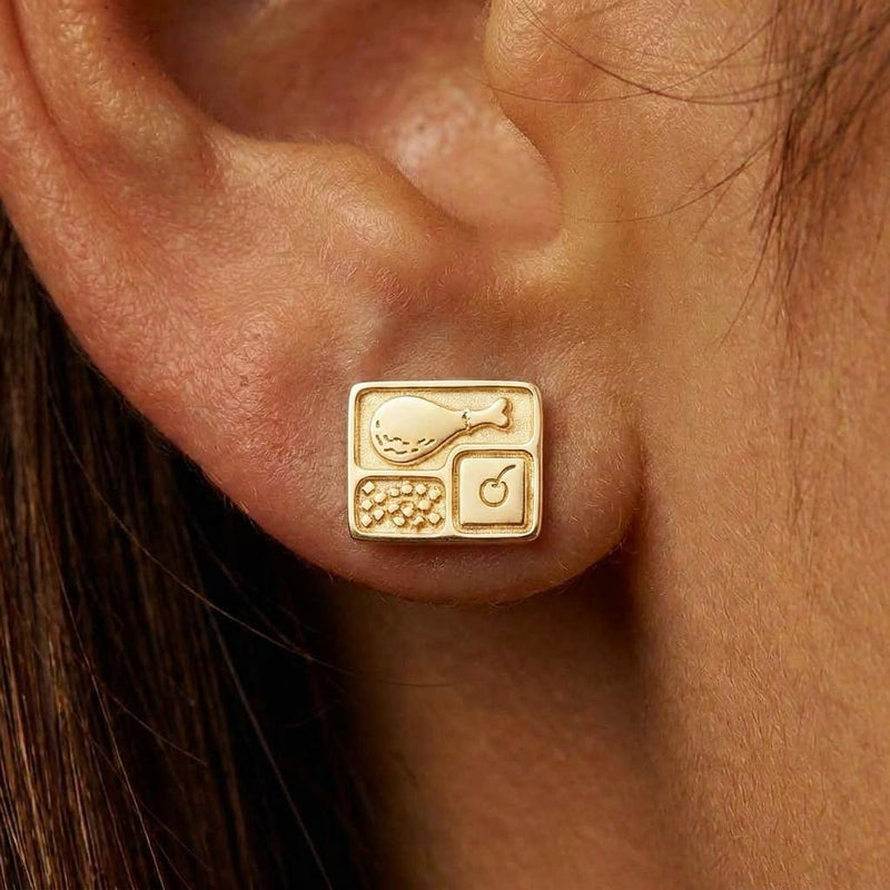 Pair of gold stud earrings shaped like a divided dinner tray with cut compartments (2 of 8)