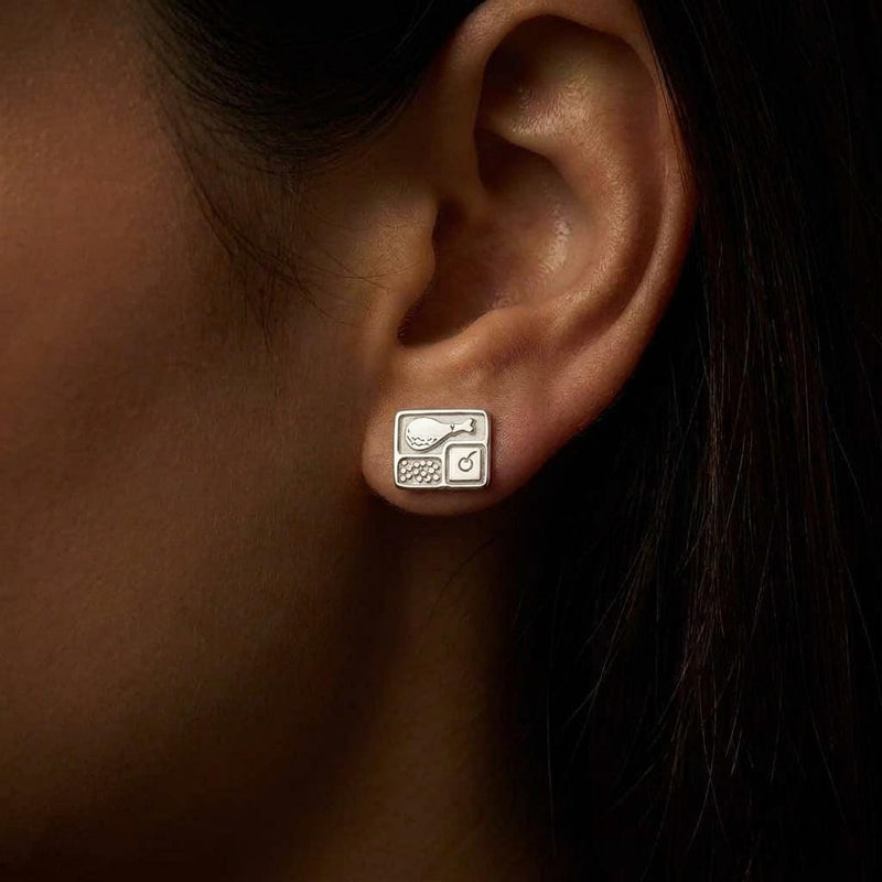Pair of gold stud earrings shaped like a divided dinner tray with cut compartments (4 of 8)
