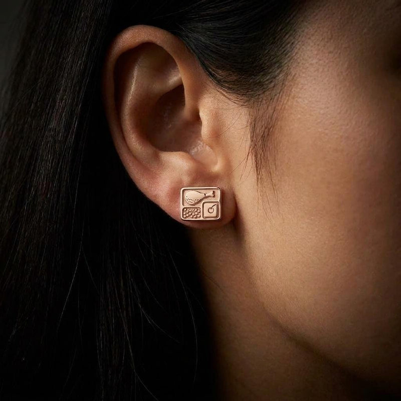 Pair of gold stud earrings shaped like a divided dinner tray with cut compartments (5 of 8)
