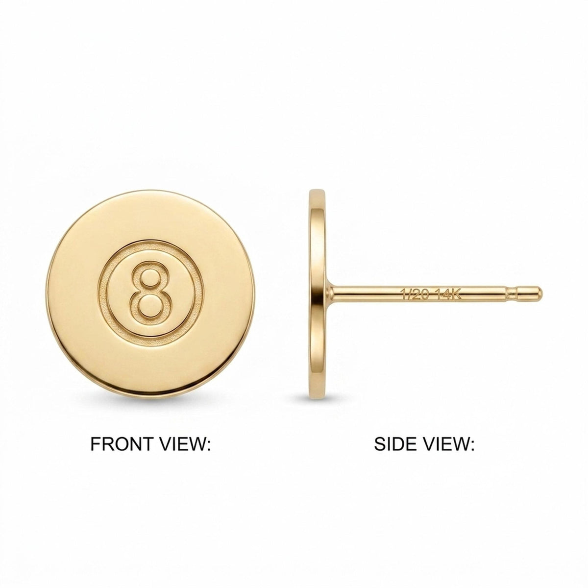 Pair of tiny gold eight ball stud earrings with the number cut into a raised circle