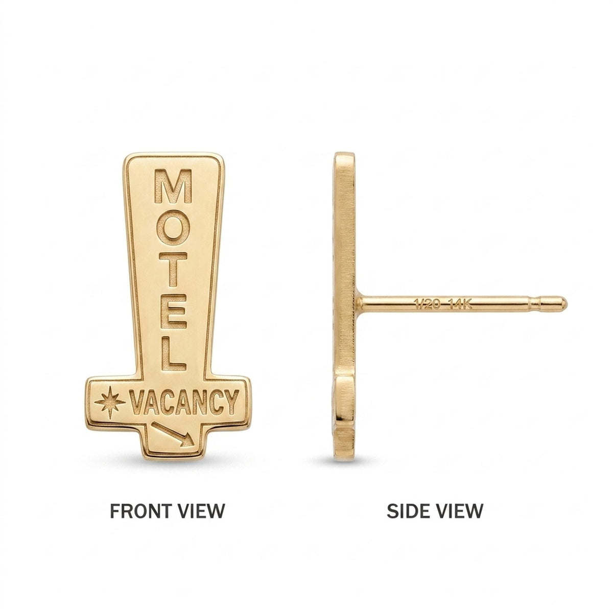 Pair of gold stud earrings shaped like a tall roadside motel sign reading vacancy