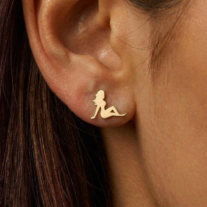 Pair of small gold mudflap girl silhouette stud earrings (2 of 8)