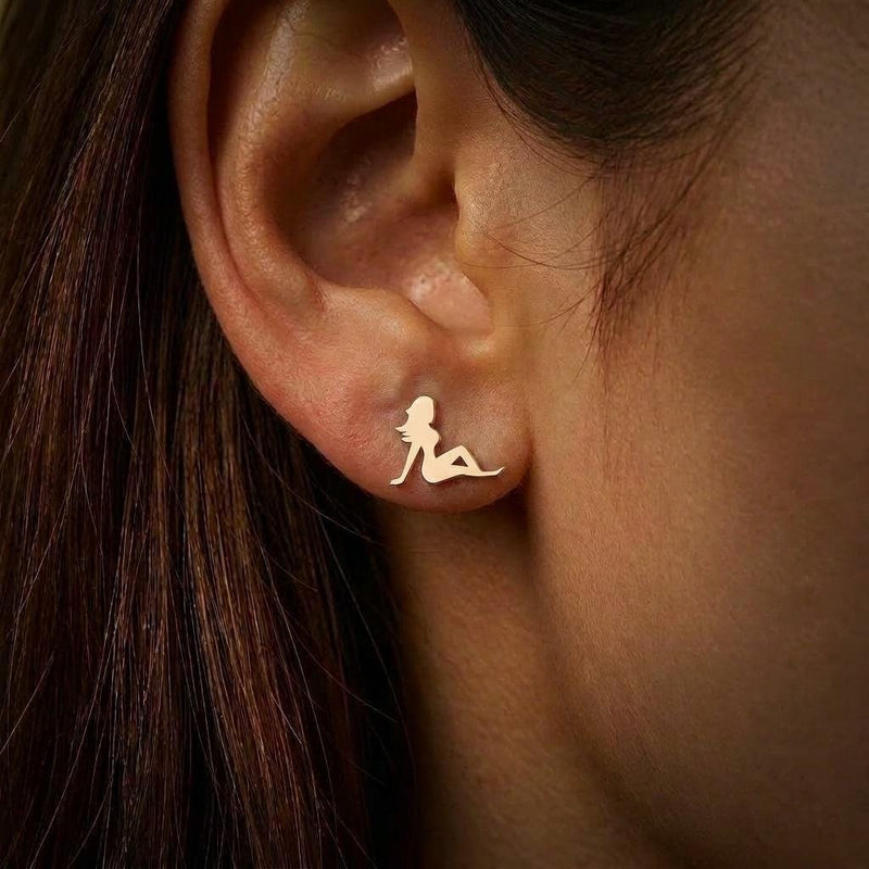 Pair of small gold mudflap girl silhouette stud earrings (5 of 8)