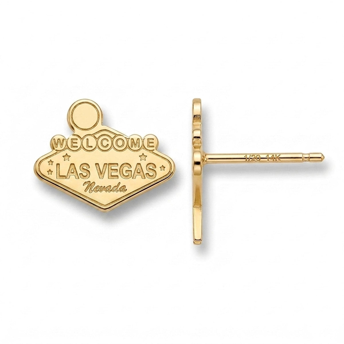 Pair of gold stud earrings shaped like the diamond-topped Las Vegas welcome sign