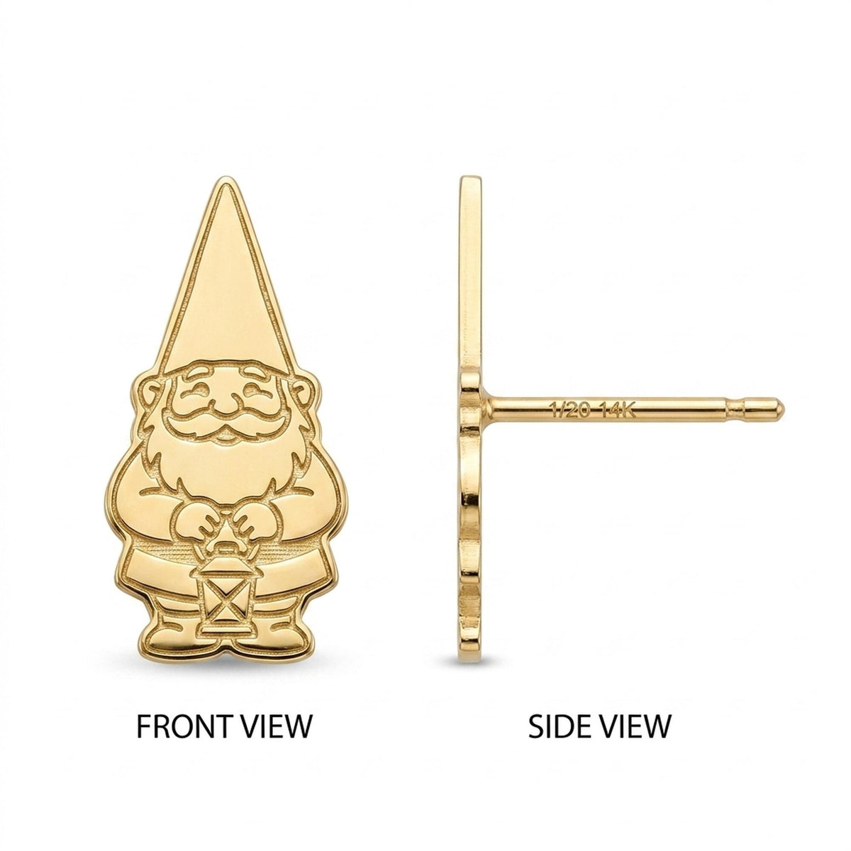 Pair of small gold garden gnome stud earrings with pointed hats and beards.