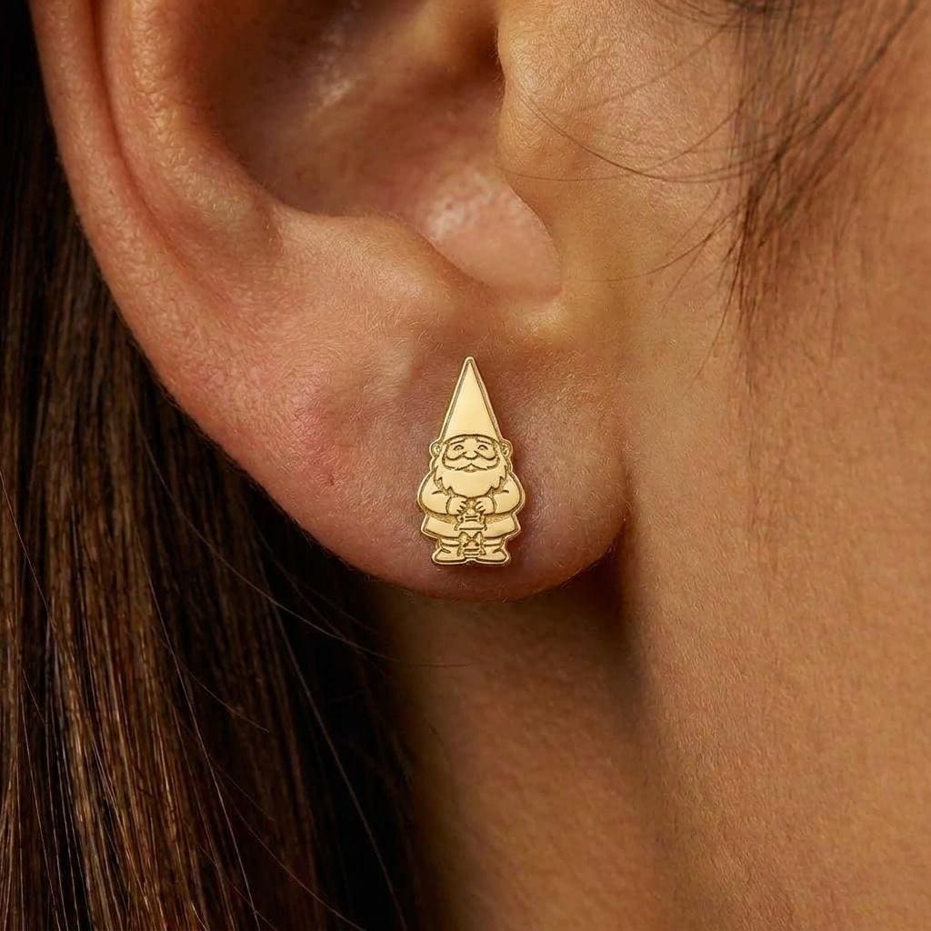 Pair of small gold garden gnome stud earrings with pointed hats and beards. (2 of 8)