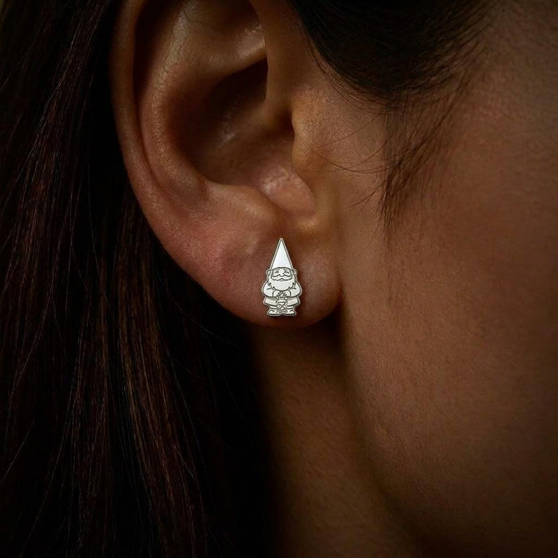 Pair of small gold garden gnome stud earrings with pointed hats and beards. (3 of 8)